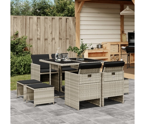 Set comedor de jardín 9 pzas cojines ratán sintético gris claro