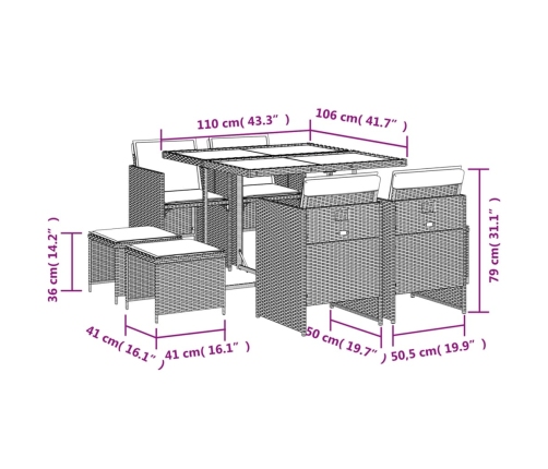 Set comedor de jardín 9 pzas con cojines ratán sintético beige