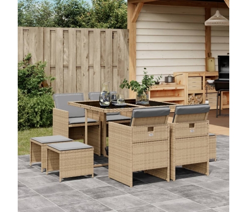 Set comedor de jardín 9 pzas con cojines ratán sintético beige