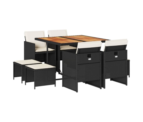 Set de comedor de jardín 9 pzas y cojines ratán sintético negro
