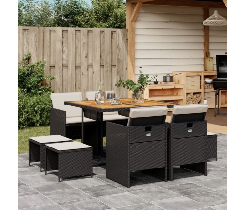 Set de comedor de jardín 9 pzas y cojines ratán sintético negro