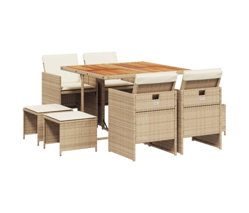 Set comedor de jardín 9 pzas con cojines ratán sintético beige