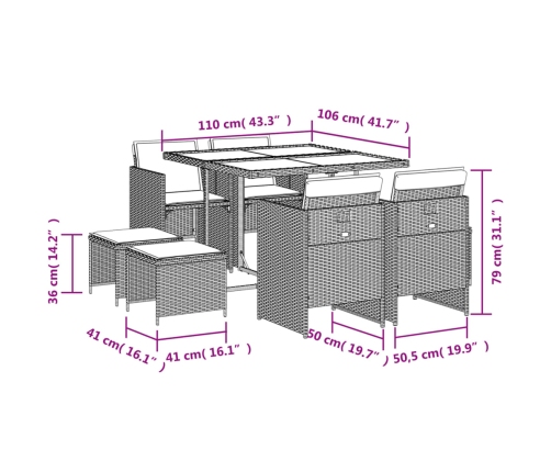 Set comedor de jardín 9 pzas con cojines ratán sintético beige
