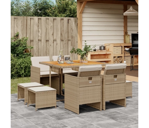 Set comedor de jardín 9 pzas con cojines ratán sintético beige