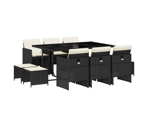 Set de comedor jardín 11 pzas con cojines ratán sintético negro