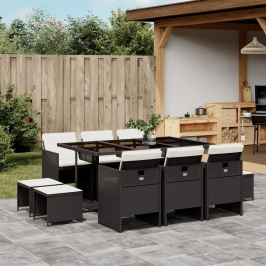 Set de comedor jardín 11 pzas con cojines ratán sintético negro