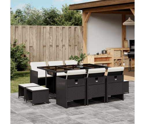 Set de comedor jardín 11 pzas con cojines ratán sintético negro