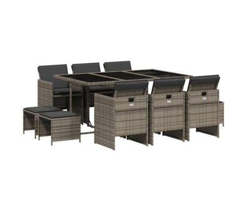 Set de comedor de jardín 11 pzas y cojines ratán sintético gris