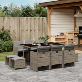 Set de comedor de jardín 11 pzas y cojines ratán sintético gris
