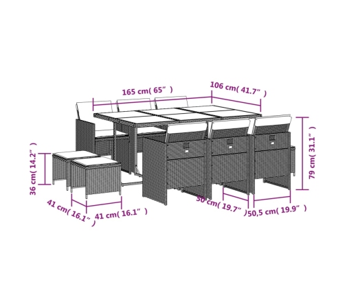 Set de comedor de jardín 11 pzas y cojines ratán sintético gris