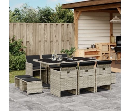 Set de comedor de jardín 11 pzas y cojines ratán sintético gris