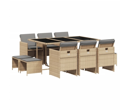 Set comedor de jardín 11 pzas con cojines ratán sintético beige