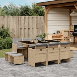 Set comedor de jardín 11 pzas con cojines ratán sintético beige