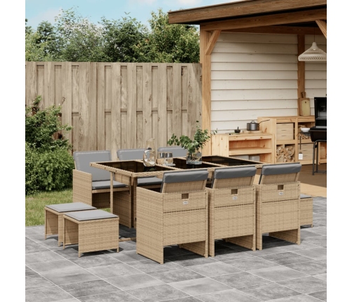 Set comedor de jardín 11 pzas con cojines ratán sintético beige