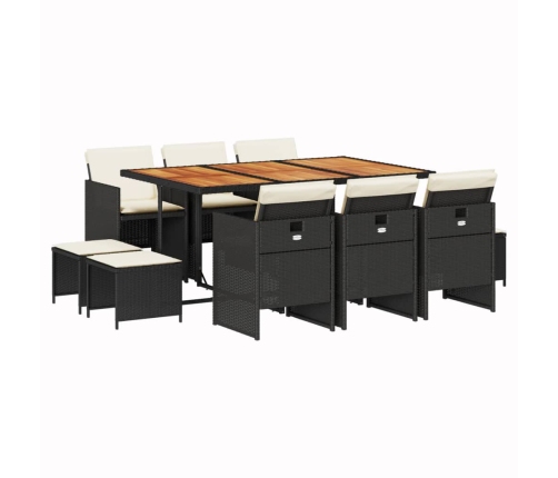 Set de comedor jardín 11 pzas con cojines ratán sintético negro