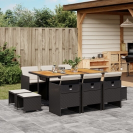 Set de comedor jardín 11 pzas con cojines ratán sintético negro
