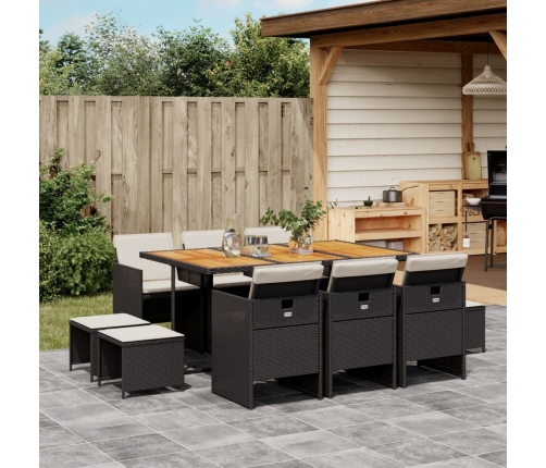 Set de comedor jardín 11 pzas con cojines ratán sintético negro