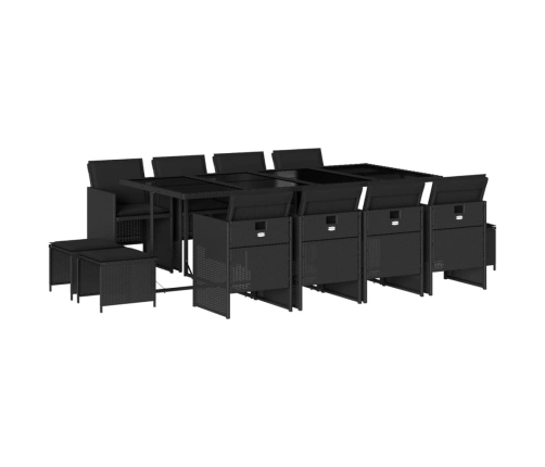 Set comedor de jardín con cojines 13 pzas ratán sintético negro