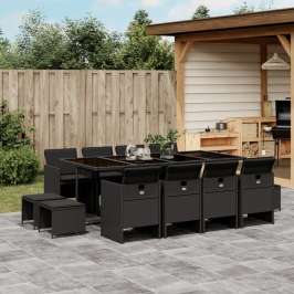 Set comedor de jardín con cojines 13 pzas ratán sintético negro