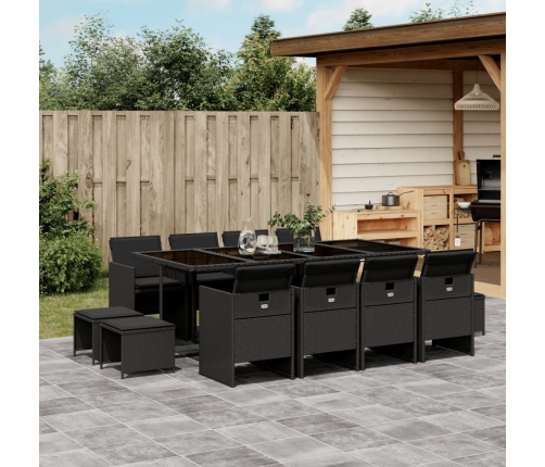 Set comedor de jardín con cojines 13 pzas ratán sintético negro