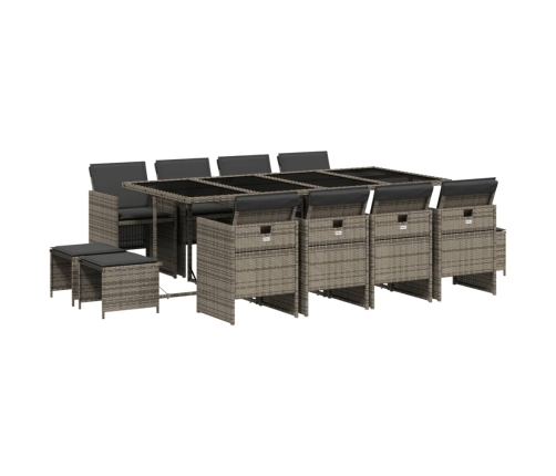 Set comedor de jardín con cojines 13 pzas ratán sintético gris