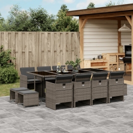 Set comedor de jardín con cojines 13 pzas ratán sintético gris