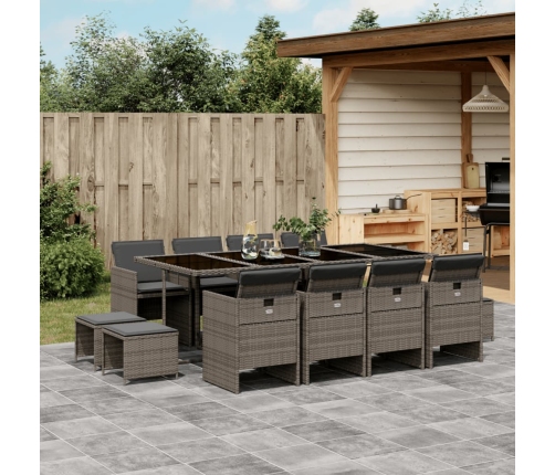 Set comedor de jardín con cojines 13 pzas ratán sintético gris