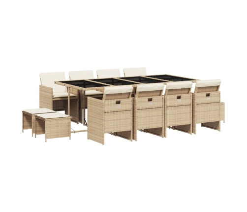 Set comedor de jardín con cojines 13 pzas ratán sintético beige