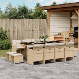 Set comedor de jardín con cojines 13 pzas ratán sintético beige