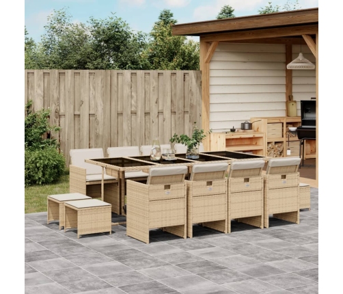 Set comedor de jardín con cojines 13 pzas ratán sintético beige