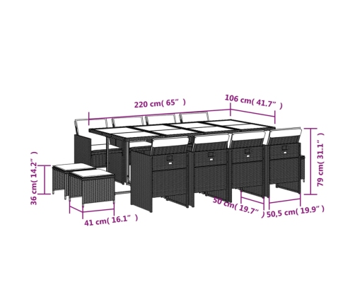 Set comedor jardín y cojines 13 pzas ratán sintético gris claro