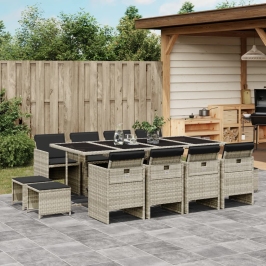 Set comedor jardín y cojines 13 pzas ratán sintético gris claro