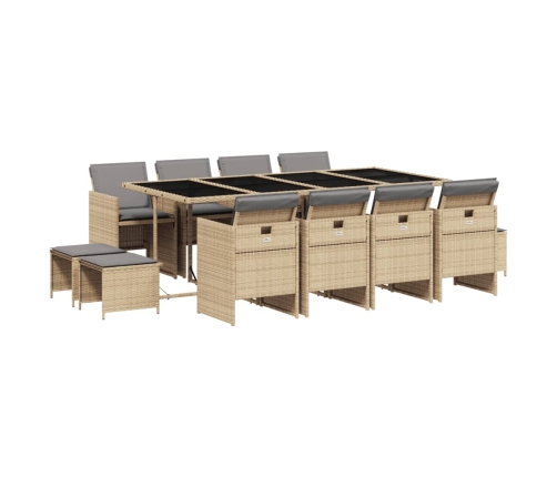 Set comedor de jardín con cojines 13 pzas ratán sintético beige