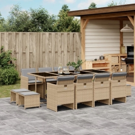Set comedor de jardín con cojines 13 pzas ratán sintético beige