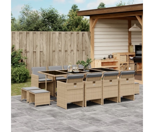 Set comedor de jardín con cojines 13 pzas ratán sintético beige