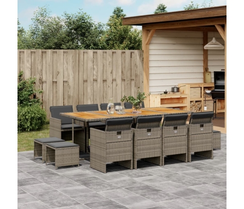 Set comedor de jardín con cojines 13 pzas ratán sintético gris
