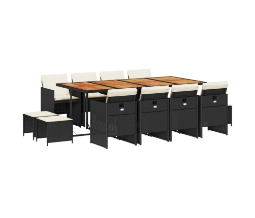 Set comedor de jardín con cojines 13 pzas ratán sintético negro