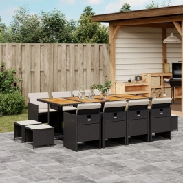 Set comedor de jardín con cojines 13 pzas ratán sintético negro