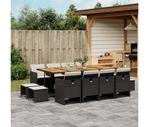 Set comedor de jardín con cojines 13 pzas ratán sintético negro
