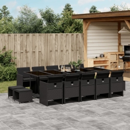 Set comedor de jardín con cojines 15 pzas ratán sintético negro