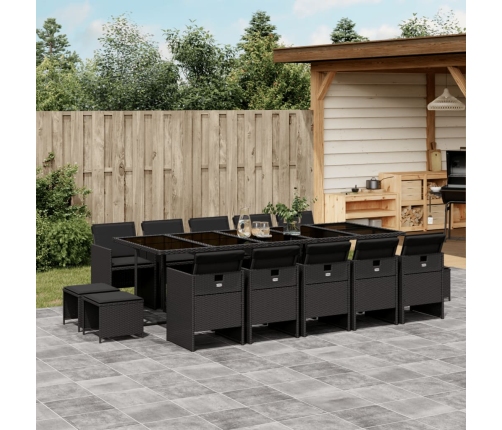 Set comedor de jardín con cojines 15 pzas ratán sintético negro