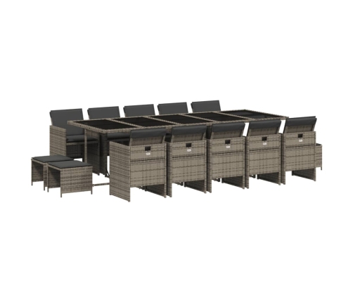 Set comedor de jardín con cojines 15 pzas ratán sintético gris