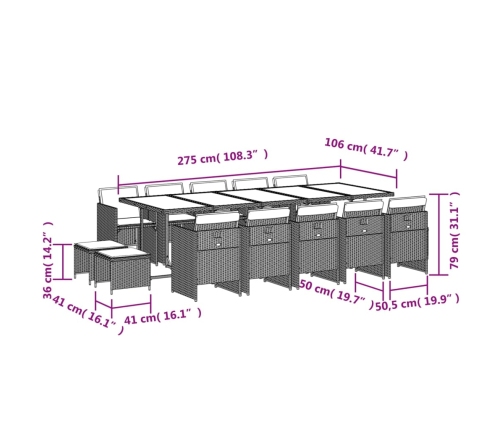 Set comedor de jardín con cojines 15 pzas ratán sintético gris
