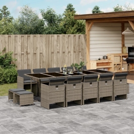 Set comedor de jardín con cojines 15 pzas ratán sintético gris