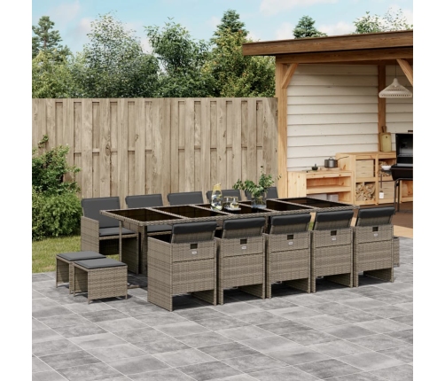 Set comedor de jardín con cojines 15 pzas ratán sintético gris