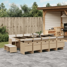 Set comedor de jardín con cojines 15 pzas ratán sintético beige