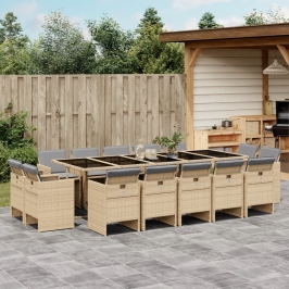 Set comedor de jardín con cojines 15 pzas ratán sintético beige