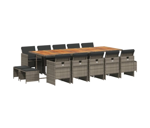 Set comedor de jardín con cojines 15 pzas ratán sintético gris