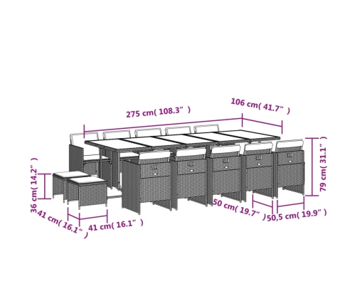 Set comedor de jardín con cojines 15 pzas ratán sintético gris