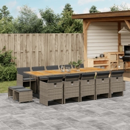 Set comedor de jardín con cojines 15 pzas ratán sintético gris